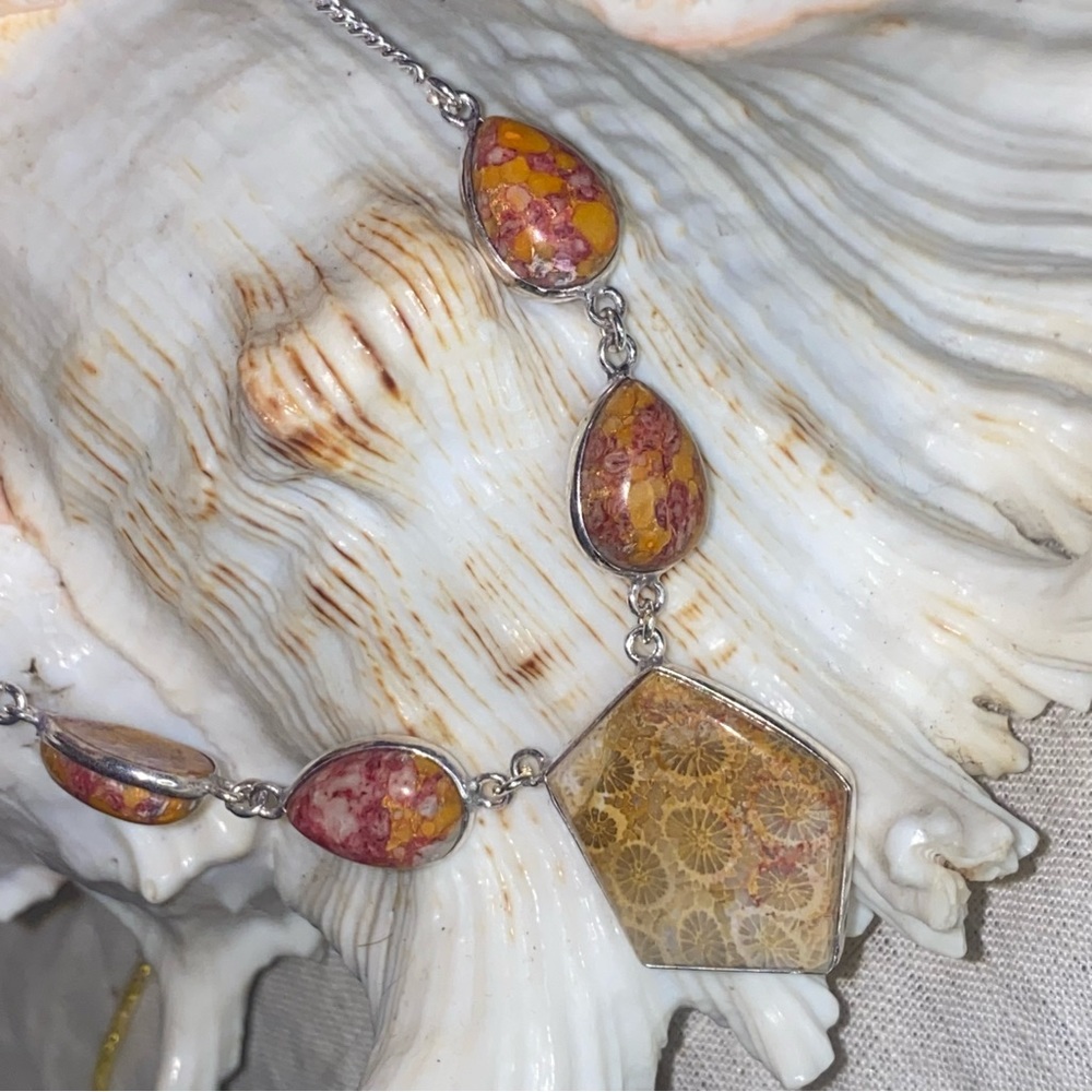 Indonesian Sea Fossil + Orange Turquoise multi-gem Necklace